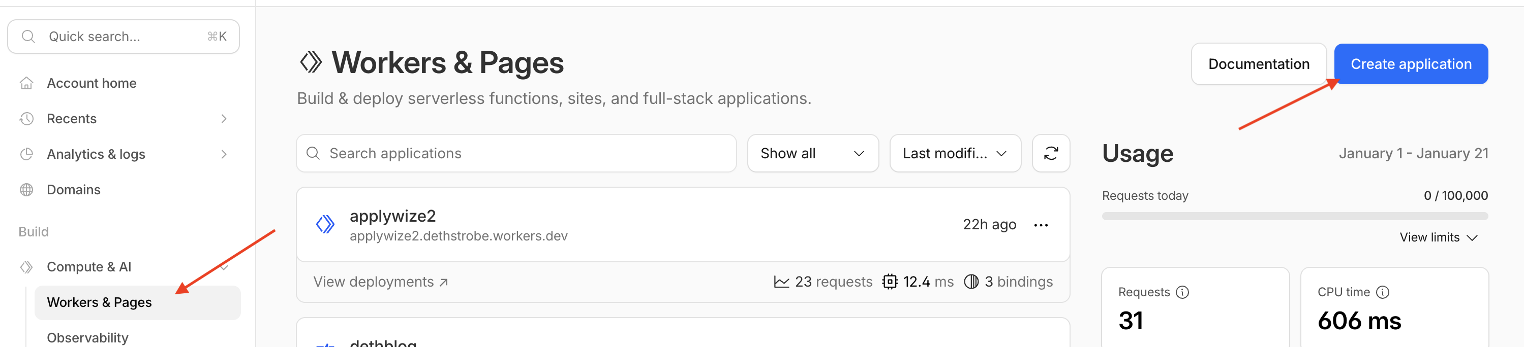 A screenshot of the Workers & Pages page in Cloudflare.