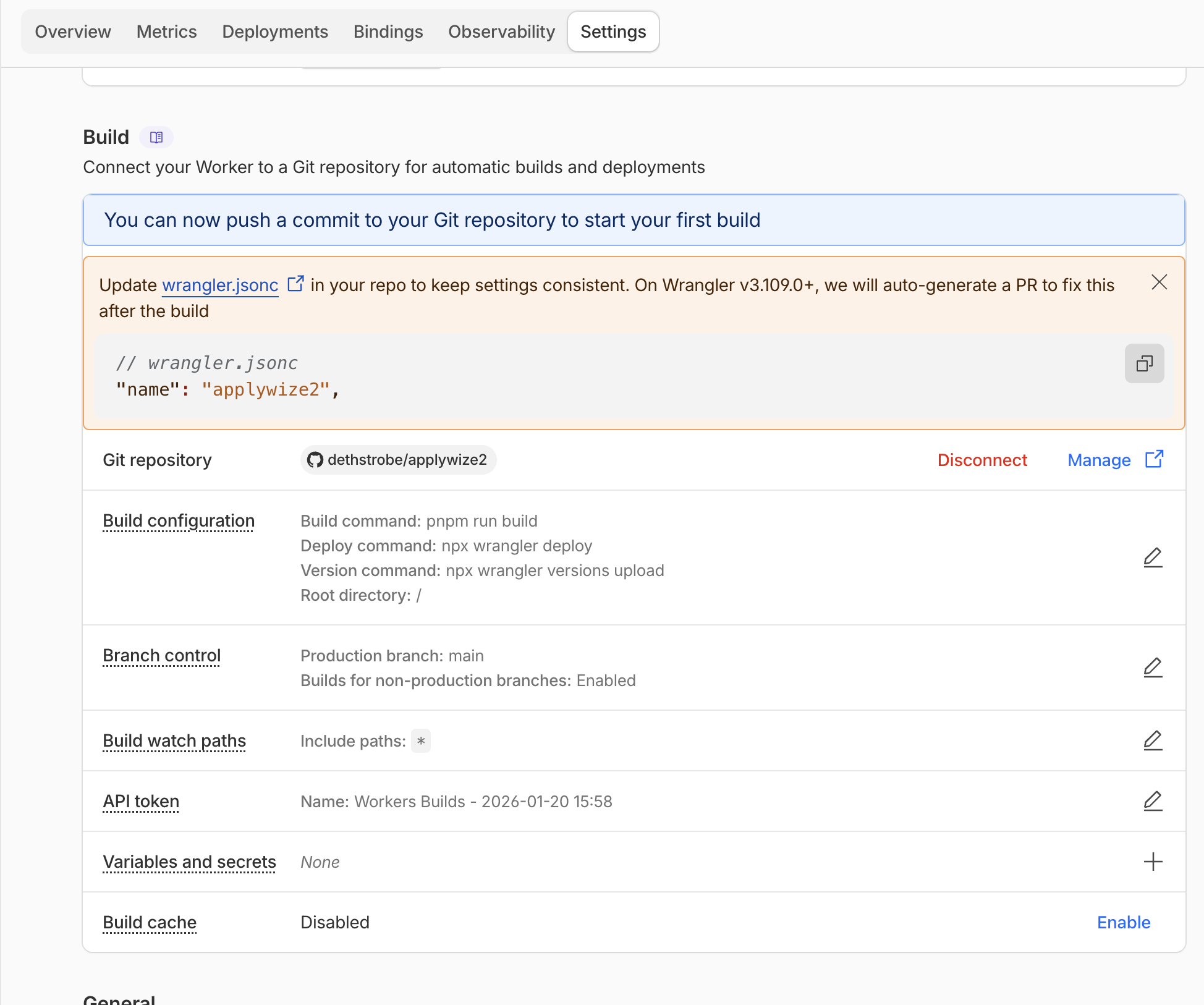 A screenshot of the Settings page of the project showing it connected to the GitHub repo.