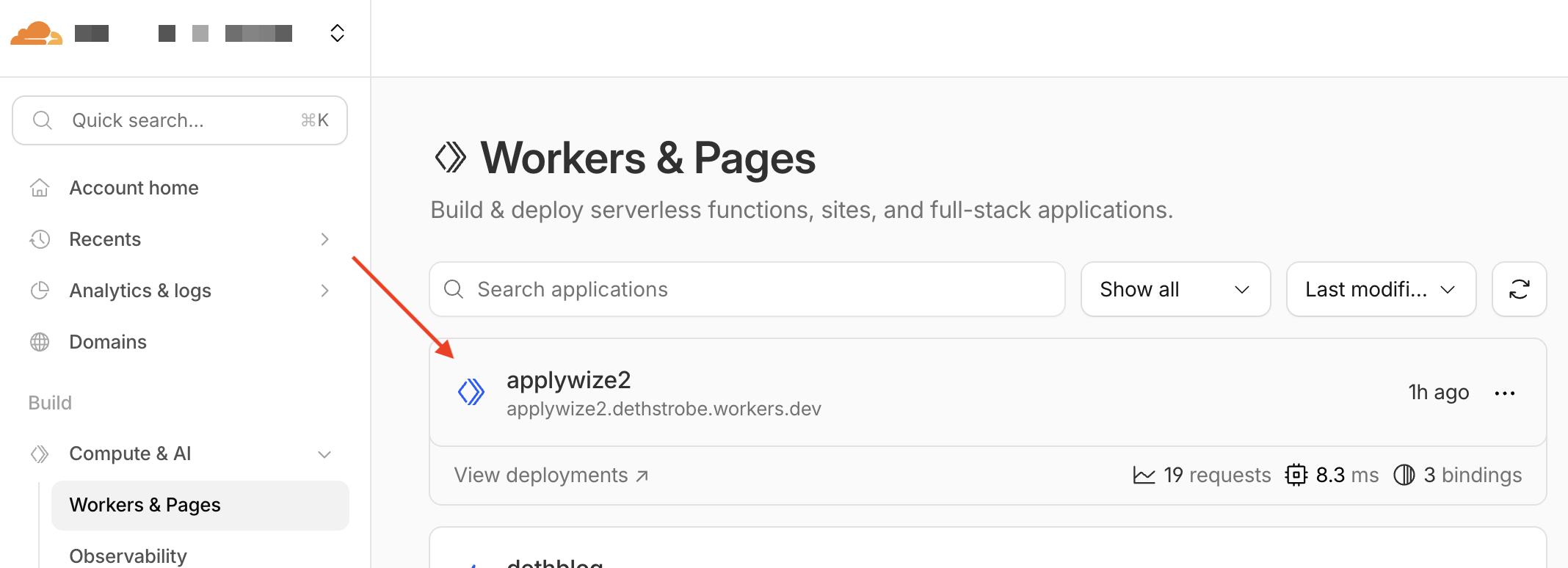 A screenshot of Cloudflare "Workers & Pages" dashboard.