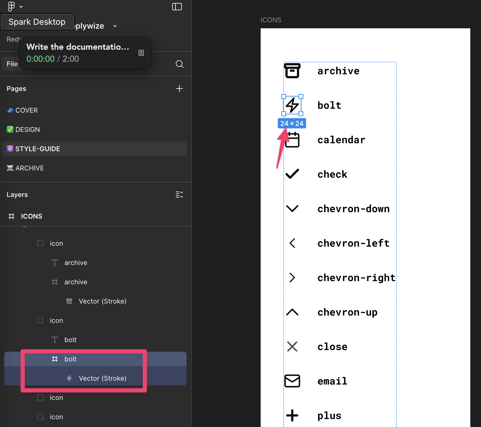 A screenshot highlighting the frame in figma, where the icons are located