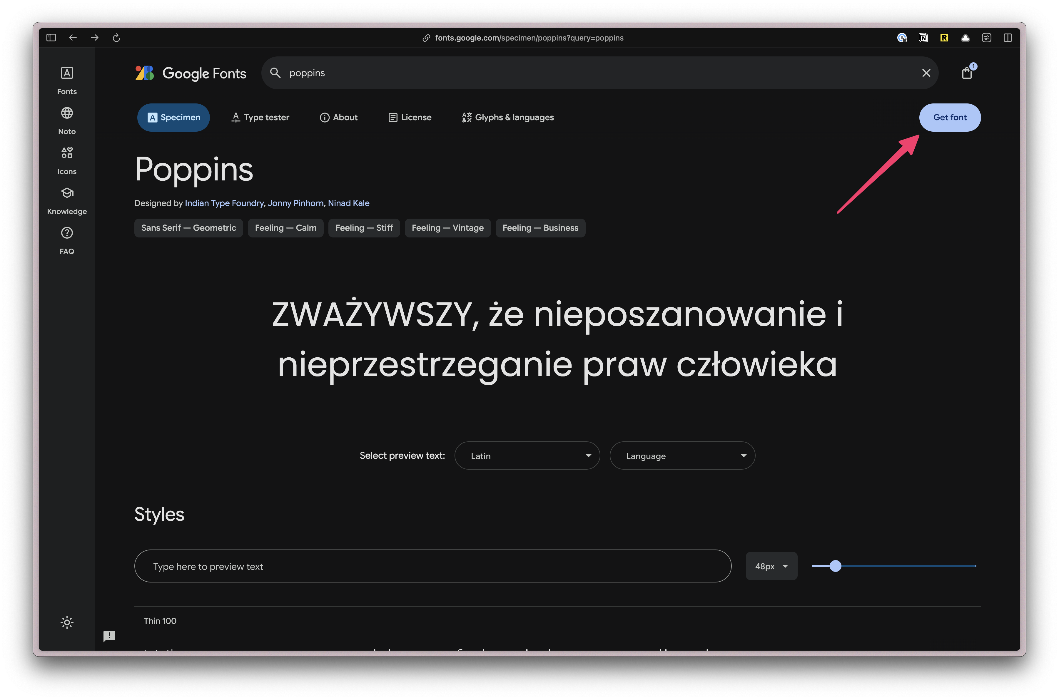 Screenshot of Google Font site with an arrow pointing to "Get font" button