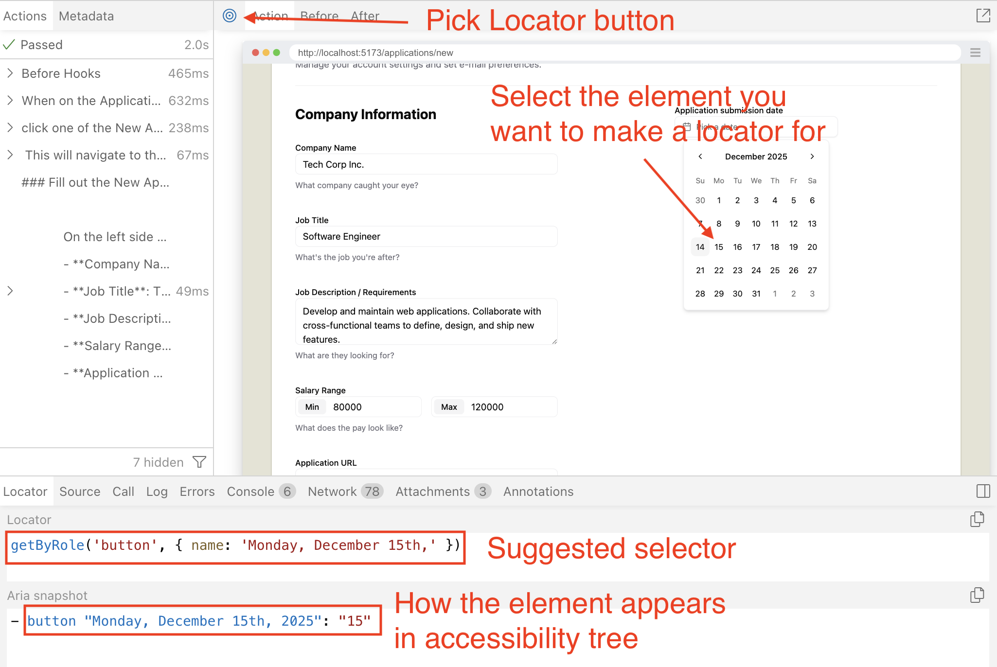 A screenshot of Playwright, highlighting the Pick Locator button, one of the calender buttons, and the section that shows the locator and aria snapshot.