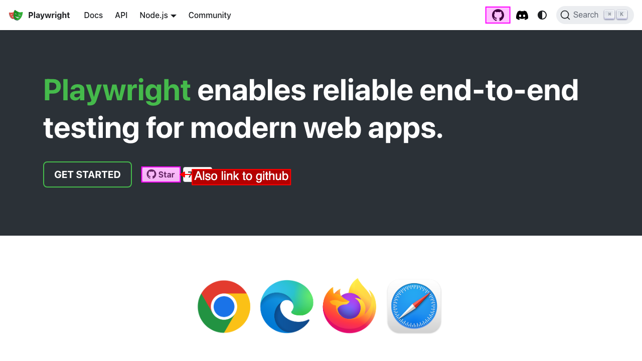 screenshot from playwright's site highlighting multiple the links to github