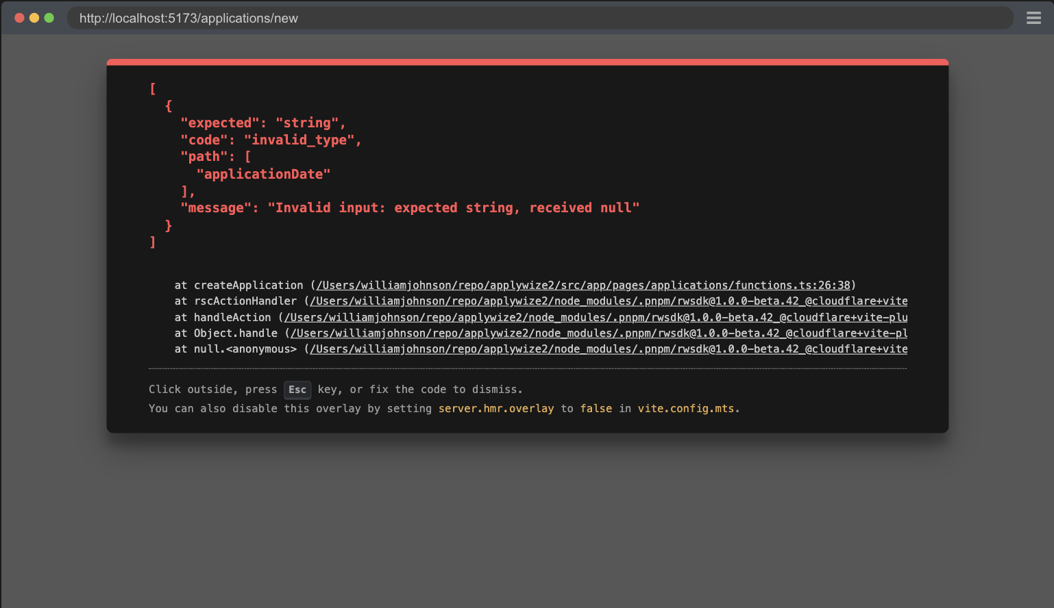 A screenshot showing a new error from zod.