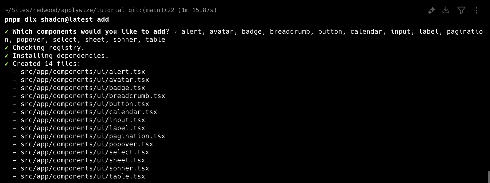 Screenshot of terminal output while it generates the components