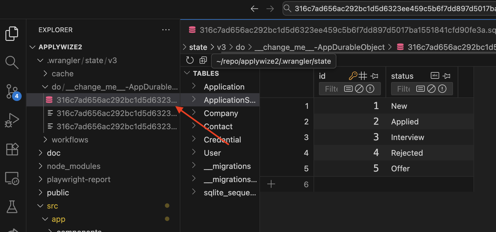 Screenshot of VSCode with arrow pointing to a file inside of the .wrangle directory